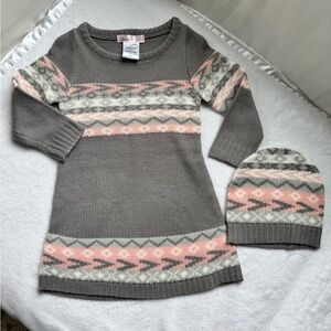 Love To Be Loved Sweater Dress & Hat Set 3T Gray Pink Stripes Winter